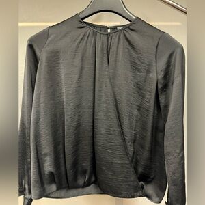 Vince Silk Black Satin Smocked Long Sleeve Blouse Size  0